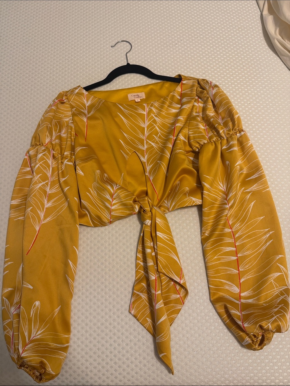 Camila Coelho Mustard Tie-Front Puff Sleeve Crop Top with White Leaf Print